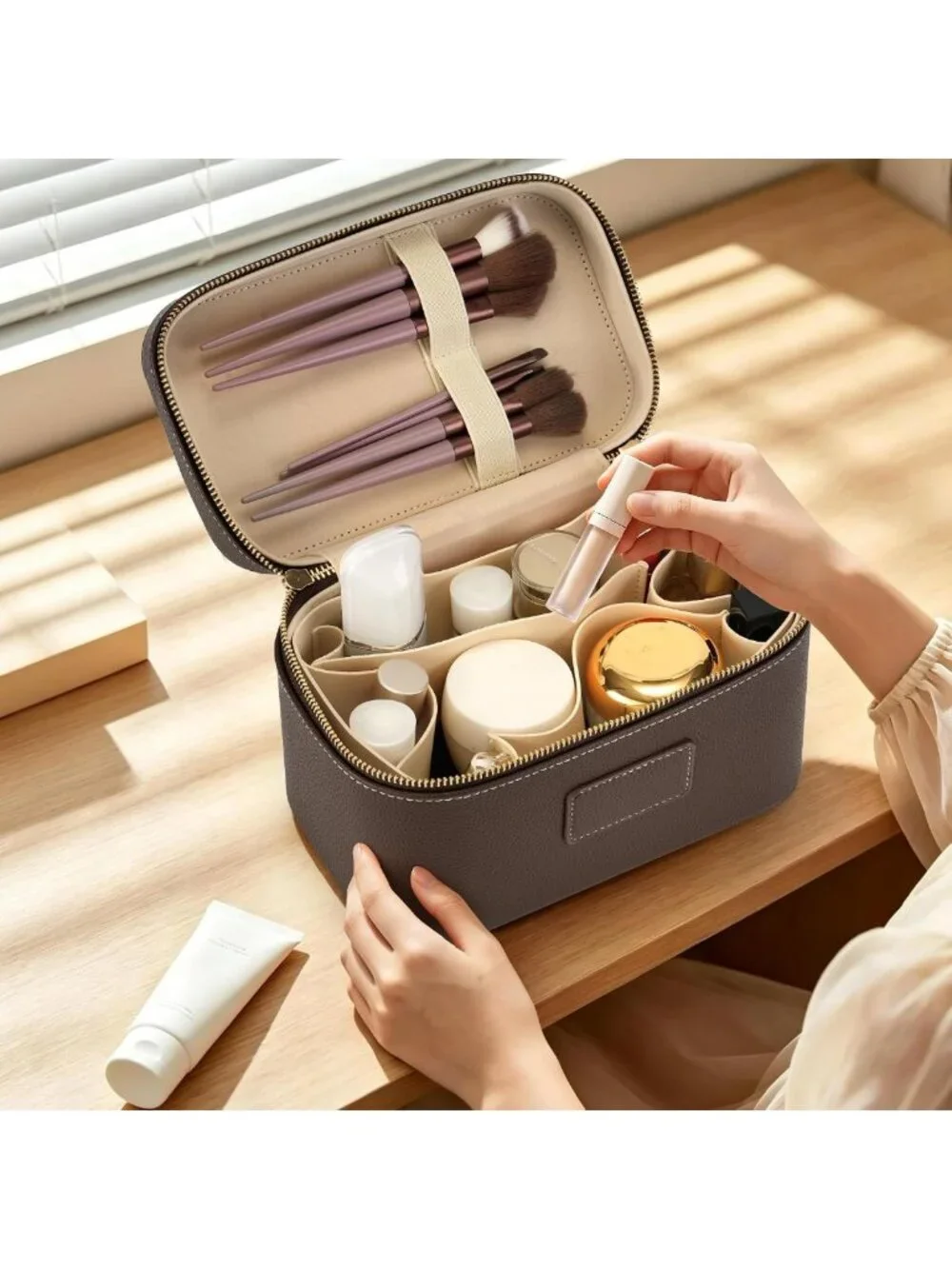 Stylish Waterproof Makeup Bag - Travel Toiletry Organizer with Brush Holder
